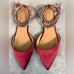 Express Burgundy Satin Flats with Crystal Accents